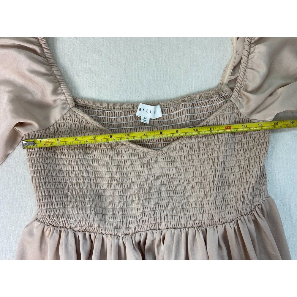 Mable Size M Babydoll Beige Cream Smocked Ruffle Mini Dress Stretch Party STAINS - Picture 6 of 12